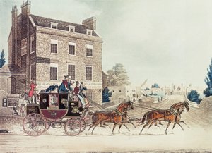 Quicksilver Royal Mail áthalad a Star és a Harisnyakötő mellett a Kew Bridge-nél, 1835